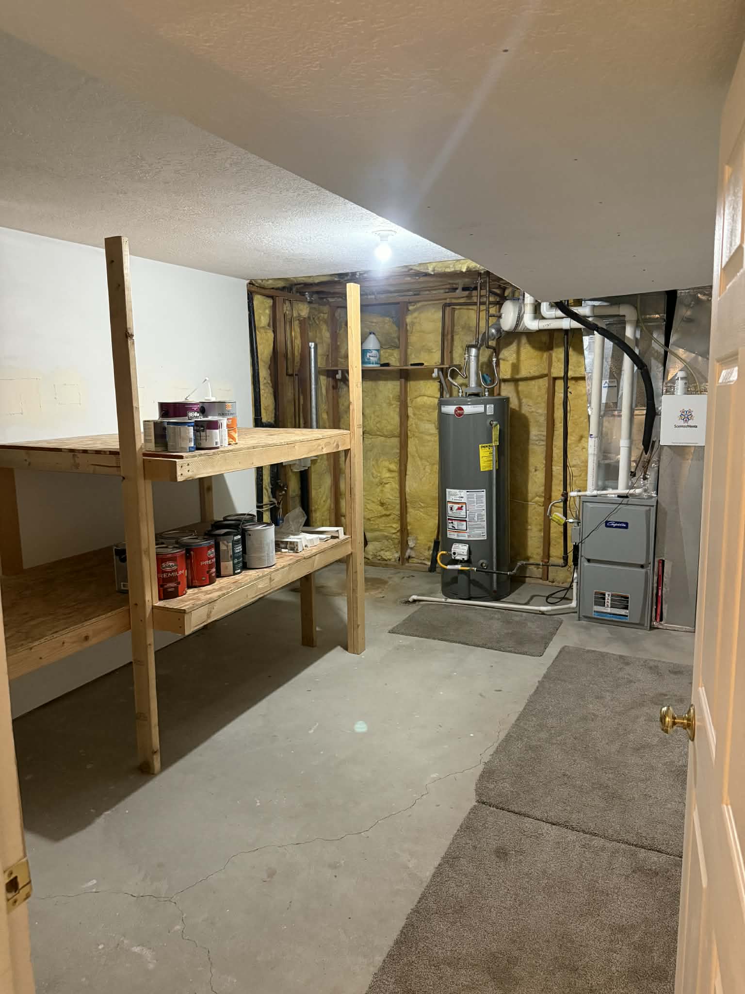 Unfinished below grade area with heating unit and water heater