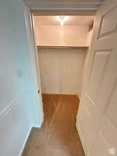 Walk in closet with light colored carpet