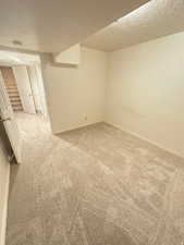 Finished below grade area with a textured ceiling and light carpet