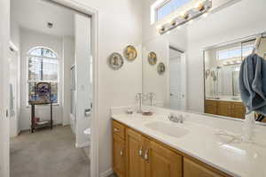 Bathroom featuring vanity and light colored carpet