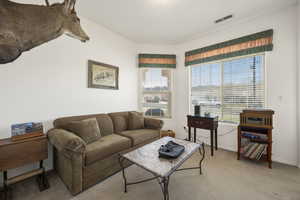 Living room featuring light colored carpet and baseboards