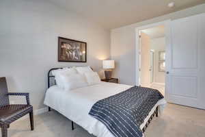 Bedroom with light carpet and ensuite bathroom