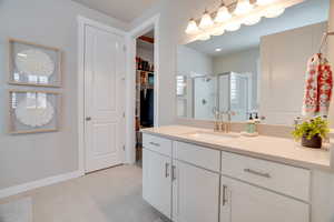 Full bathroom with a stall shower, vanity, and a spacious closet