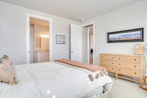 Bedroom with light colored carpet and connected bathroom