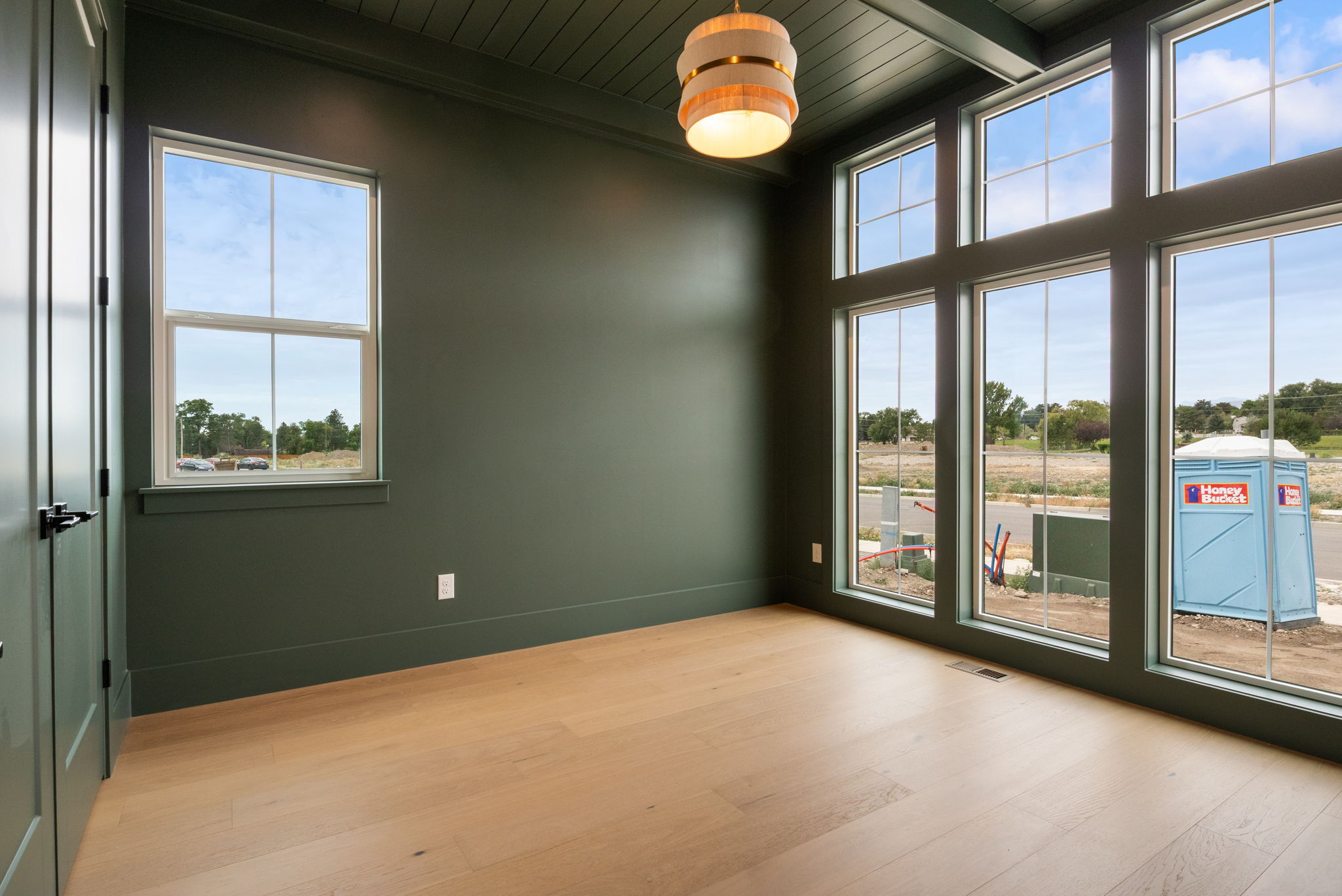 Room featuring tall windows, rich green walls, and wood-finish flooring