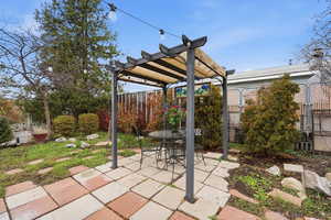 Fenced backyard featuring a pergola, a patio, and outdoor dining space