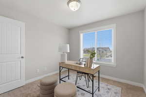 Home office with light colored carpet and baseboards