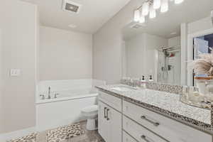 Full bath featuring vanity, a shower stall, and a garden tub