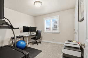 Office space featuring light carpet and baseboards