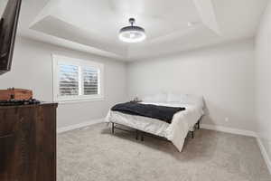 Bedroom with a tray ceiling and light carpet