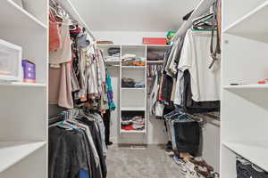 Walk in closet with light colored carpet