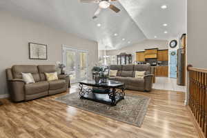 Family room featuring a ceiling fan, french doors, light wood-style flooring, and natural light
