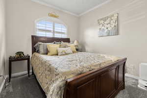 Upstairs bedroom featuring molding and dark carpet