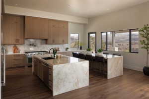 Kitchen with a center island with sink, light stone counters, modern cabinets, backsplash, and dark wood-type flooring