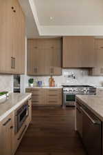 Kitchen featuring light stone countertops, stainless steel appliances, decorative backsplash, and dark wood finished floors