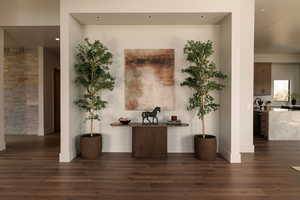 Hallway with dark wood finished floors and recessed lighting