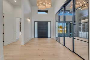 Foyer with plenty of natural light, light wood-style floors, and a high ceiling