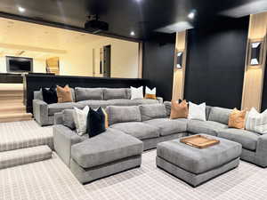Home theater room featuring recessed lighting and carpet flooring