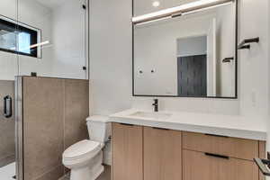 Full bathroom featuring a stall shower and vanity