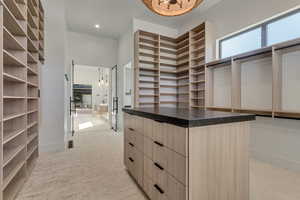 Walk in closet featuring light carpet