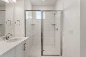 Full bathroom featuring vanity and a stall shower