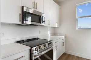 Kitchen featuring stainless steel appliances, white cabinetry, and dark wood-style floors