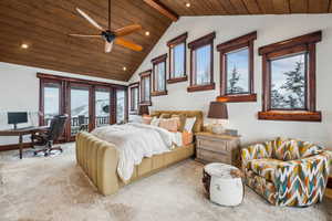 Carpeted bedroom with access to exterior, recessed lighting, a desk, a ceiling fan, and wooden ceiling