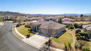 Aerial view of residential area with mountains