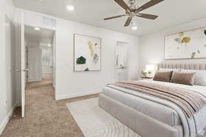 Bedroom with light carpet, connected bathroom, a ceiling fan, and recessed lighting