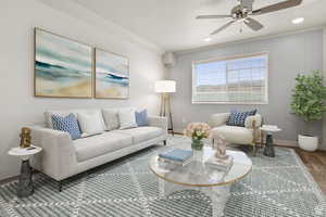 Living room with wood finished floors, ceiling fan, and recessed lighting