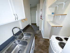 Kitchen with white range with electric cooktop and white cabinetry
