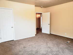 Unfurnished bedroom with a textured ceiling and carpet floors