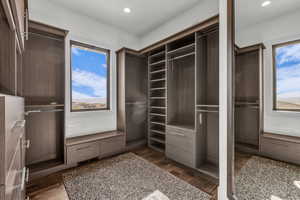 Walk in closet featuring dark wood-type flooring