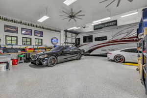 Garage with a ceiling fan