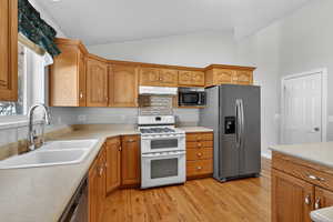 Kitchen featuring stainless steel appliances, light countertops, light wood finished floors, lofted ceiling, and wood finish cabinetry