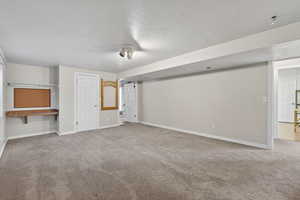 Large Basement bedroom with carpet floors and a textured ceiling