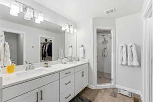 Full bath with double vanity, a stall shower, wood finish floors, and a spacious closet