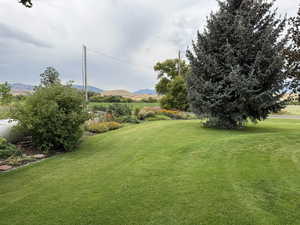 View of grassy yard featuring a mountain view
