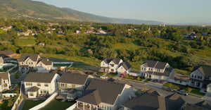 Aerial view with mountain backdrop.