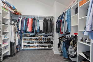 Walk in closet featuring dark colored carpet