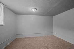 Carpeted spare room featuring a textured wall and a textured ceiling