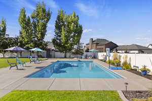 View of pool with patio surround and a fenced backyard