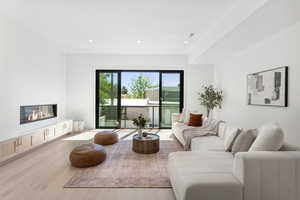 Living area with light wood-type flooring, a glass covered fireplace, and recessed lighting