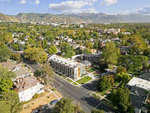 Bird's eye view of a mountainous background