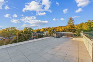 View of patio with a view of trees