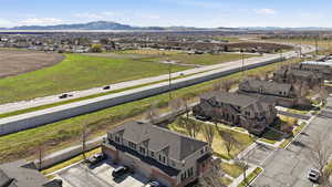 Aerial view of residential area with a mountain backdrop