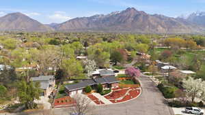 Aerial perspective of suburban area with mountains