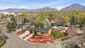 Aerial perspective of suburban area featuring mountains