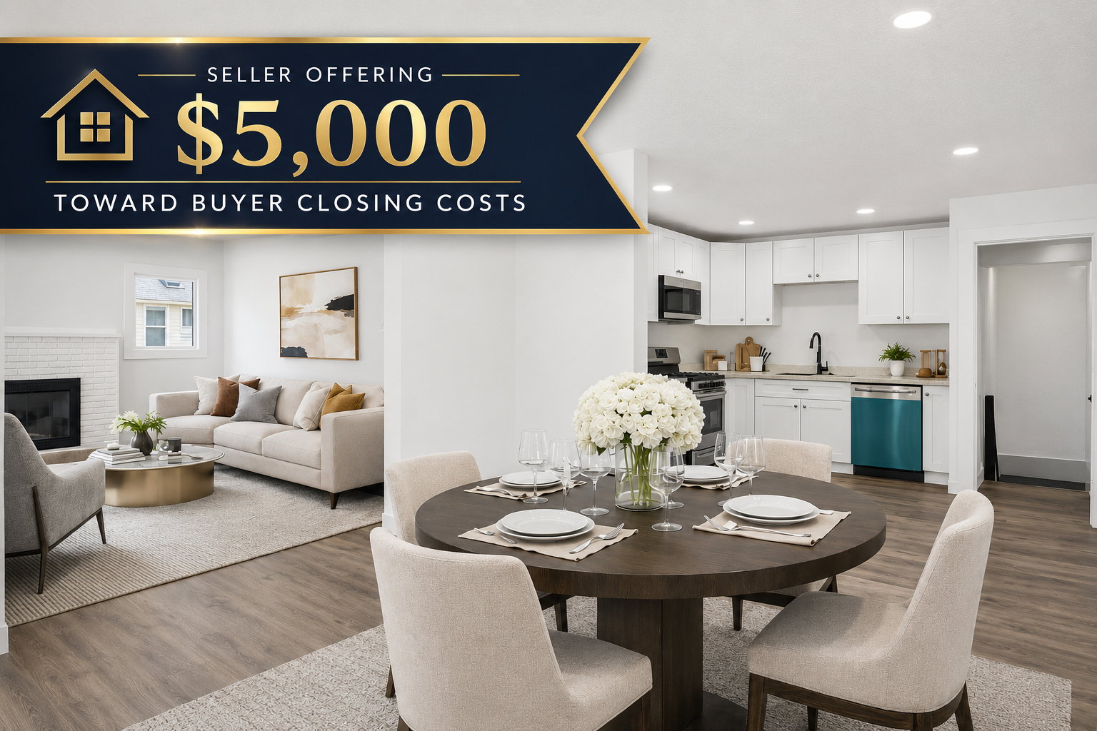 Open-concept interior featuring wood-finish flooring, recessed lighting, white shaker cabinetry, and all new stainless steel appliances
