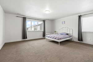 Bedroom with light colored carpet